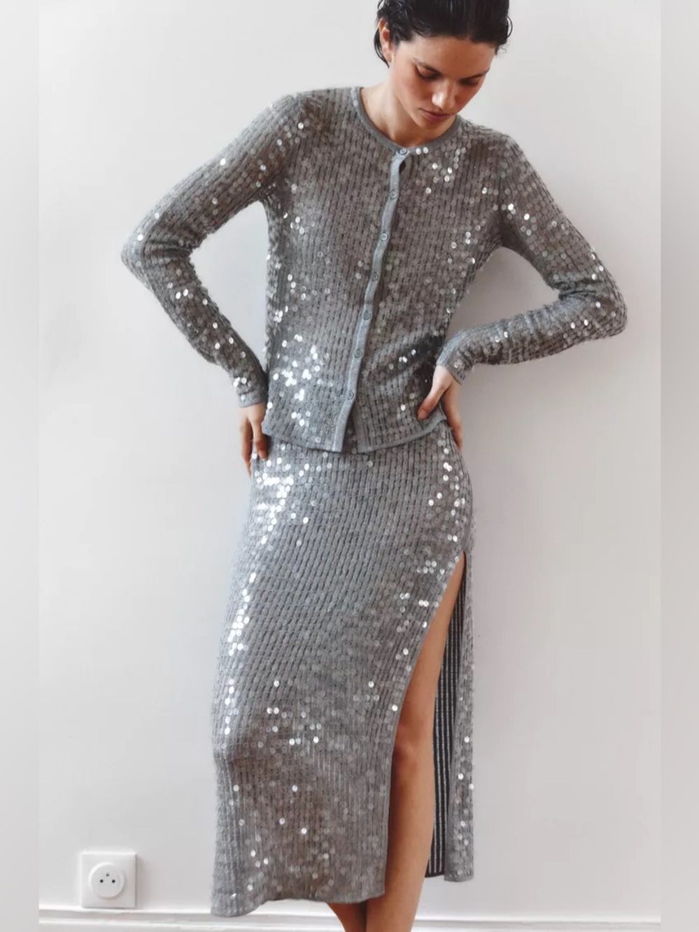 ZARA SEQUIN SLIT MIDI SKIRT